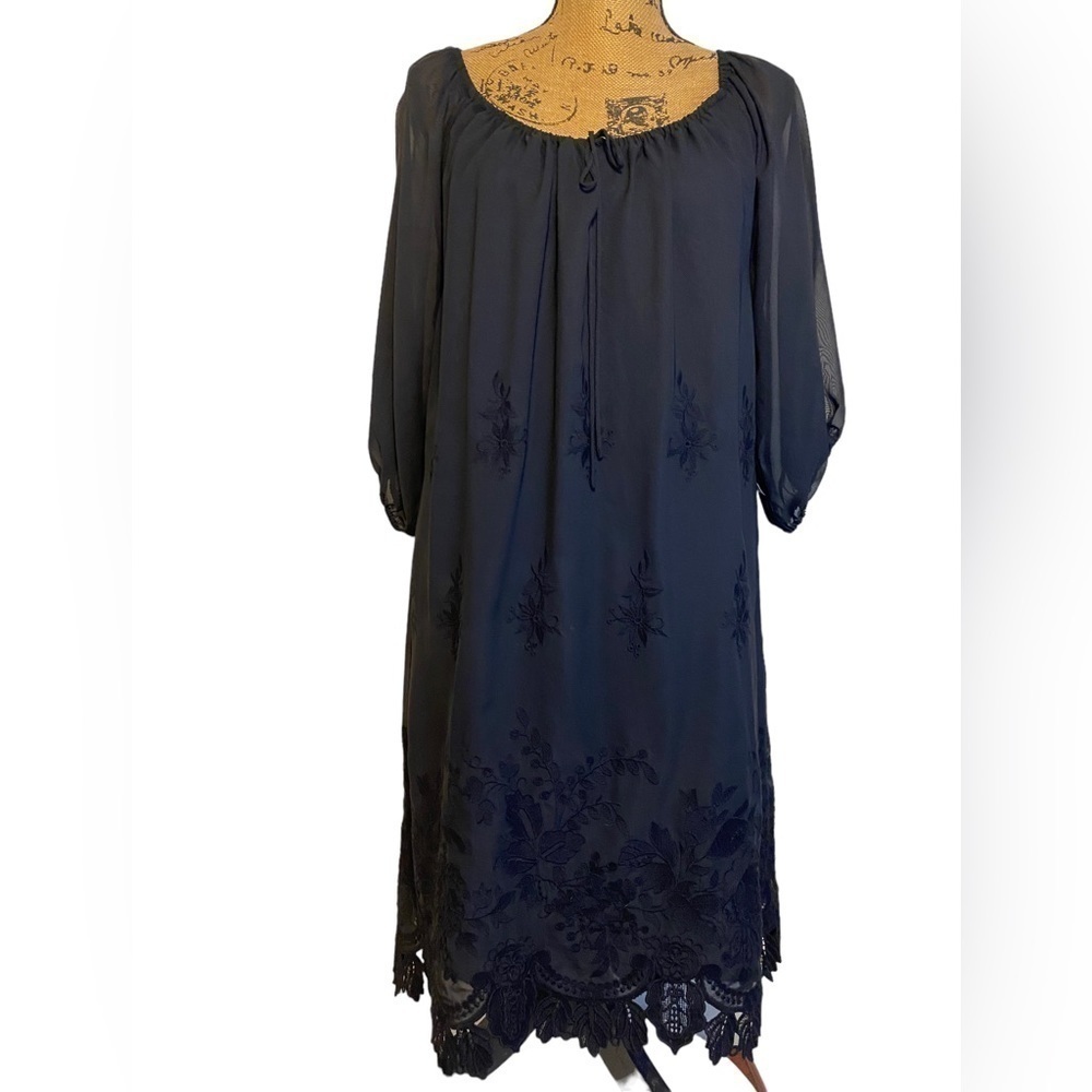 EVA Mendes for NY&CO Black Chiffon & Lace Peasant Dress Women’s Size M. NWT